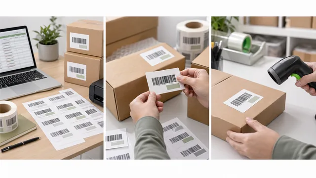 Marketplace fulfillment label check with boxes, barcode stickers, and scanner thumbnail