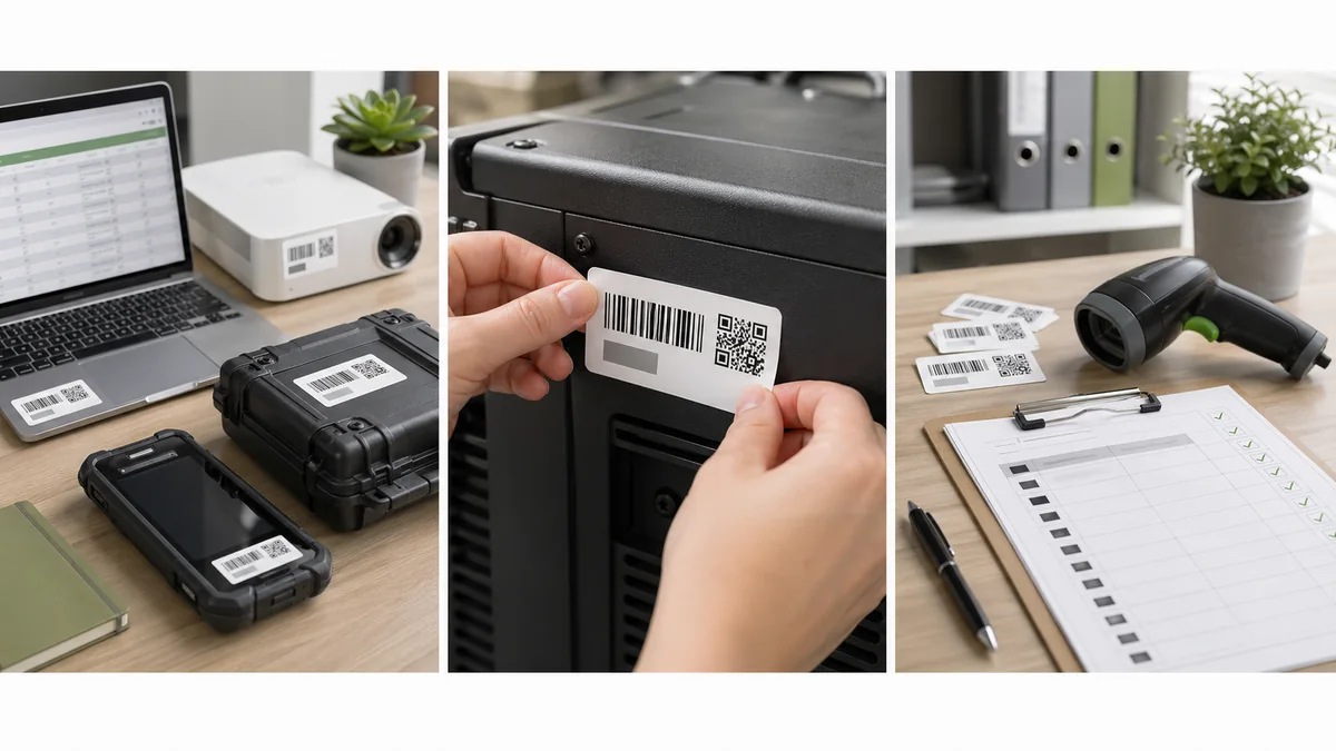 Asset tag label workflow with equipment labels, scanner, and audit checklist