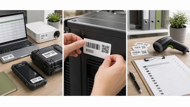 Asset tag label workflow with equipment labels, scanner, and audit checklist thumbnail