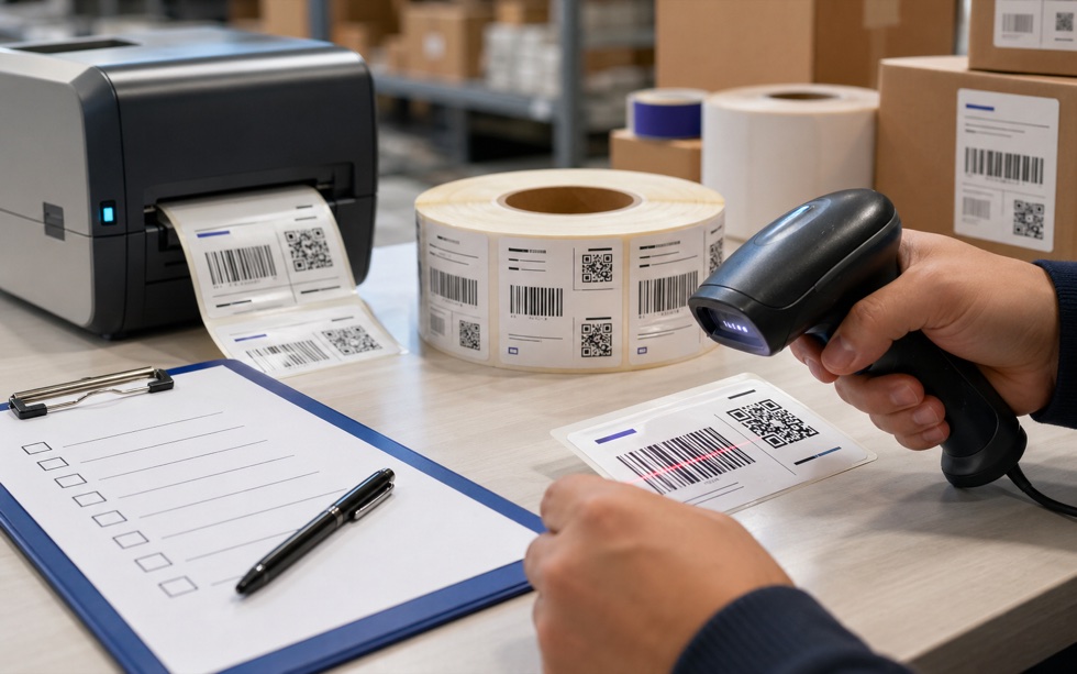 Thermal printer, label roll, scanner, and printed barcode labels being checked before production