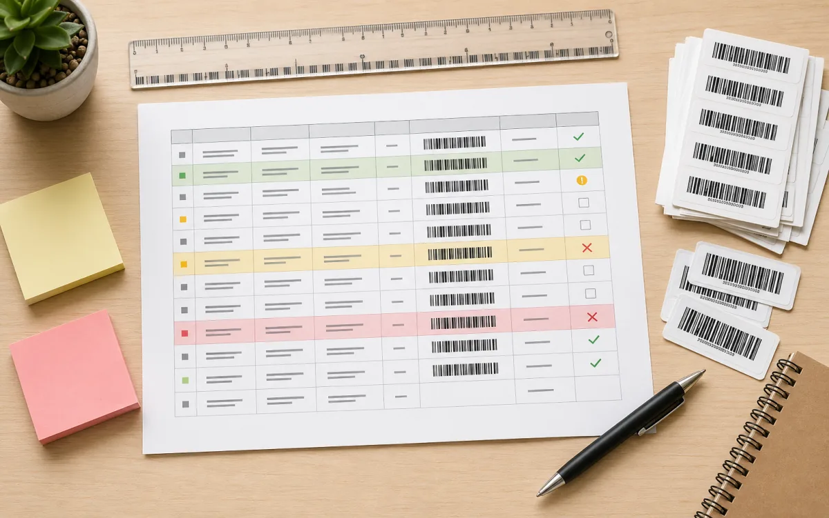 Spreadsheet printout with highlighted rows, check marks, barcode label stack, ruler, sticky notes, and pen