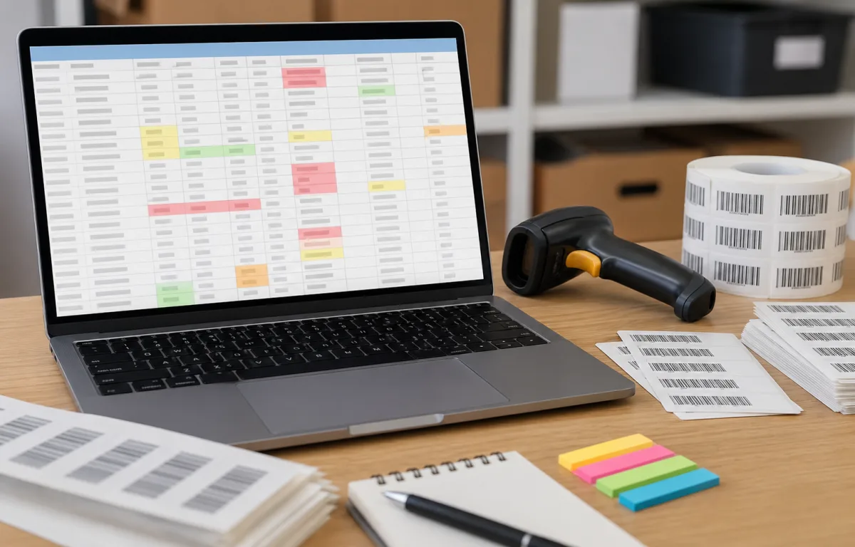 Laptop spreadsheet with highlighted cells, barcode labels, sticky notes, and scanner during data cleanup