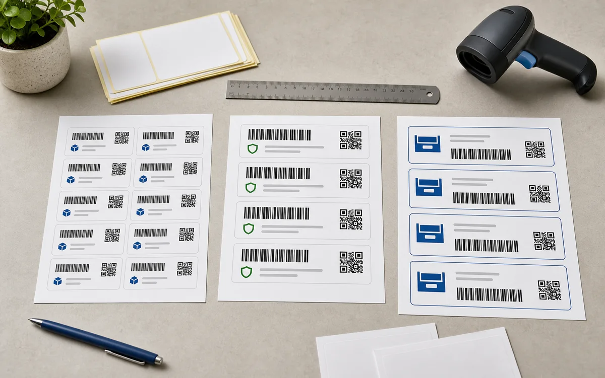Reusable barcode label templates for product, asset, and bin workflows