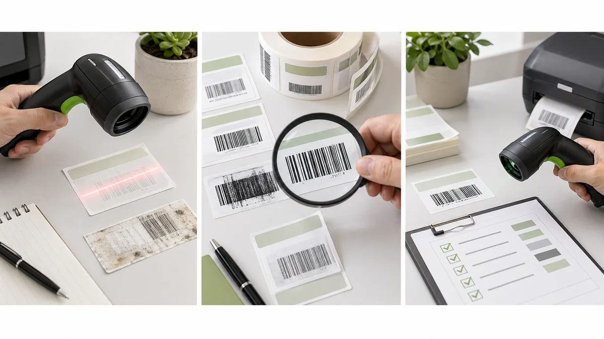 Barcode scan troubleshooting board with low contrast labels, print inspection, and corrected samples