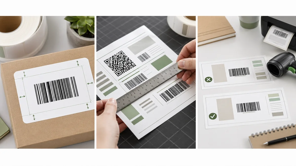 Quiet zone and label size inspection board with ruler, barcode labels, and scanner