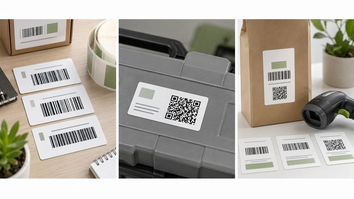 Barcode type comparison board with 1D labels, QR labels, and scanner checks