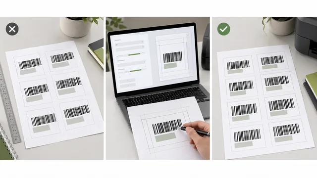 Misaligned sheet label troubleshooting board with overlay test and corrected output thumbnail