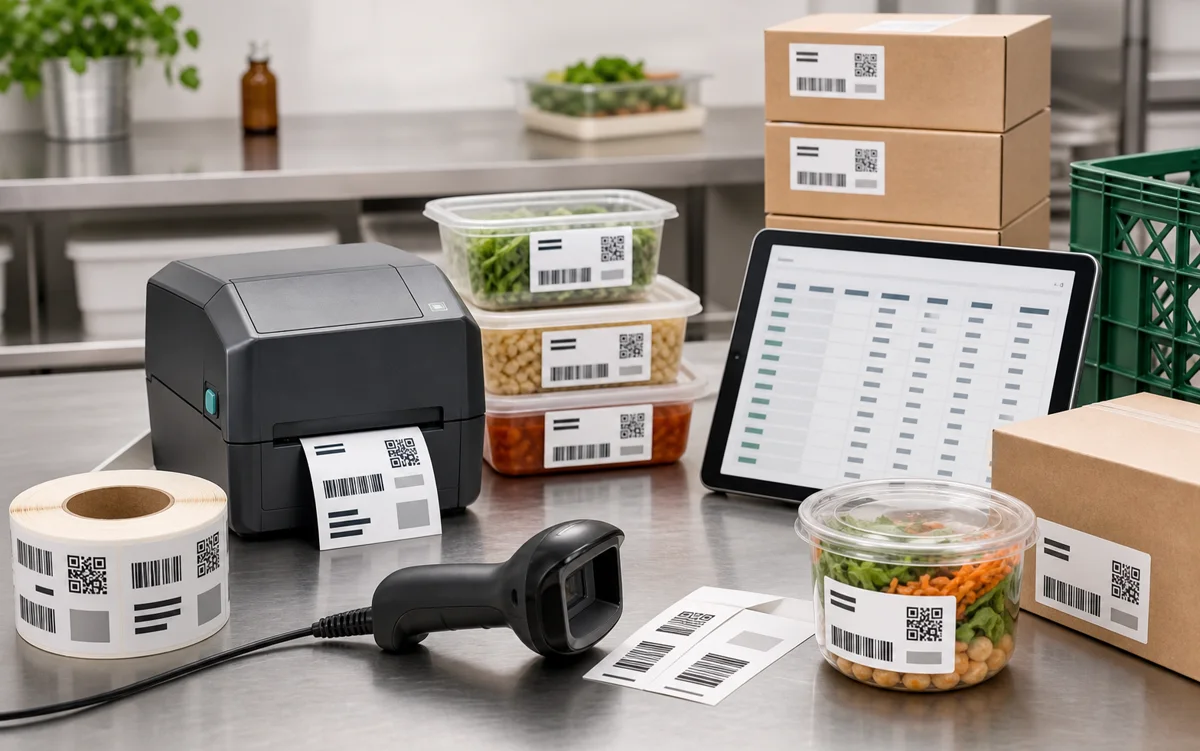 Food batch labels planned from spreadsheet data at a packing station