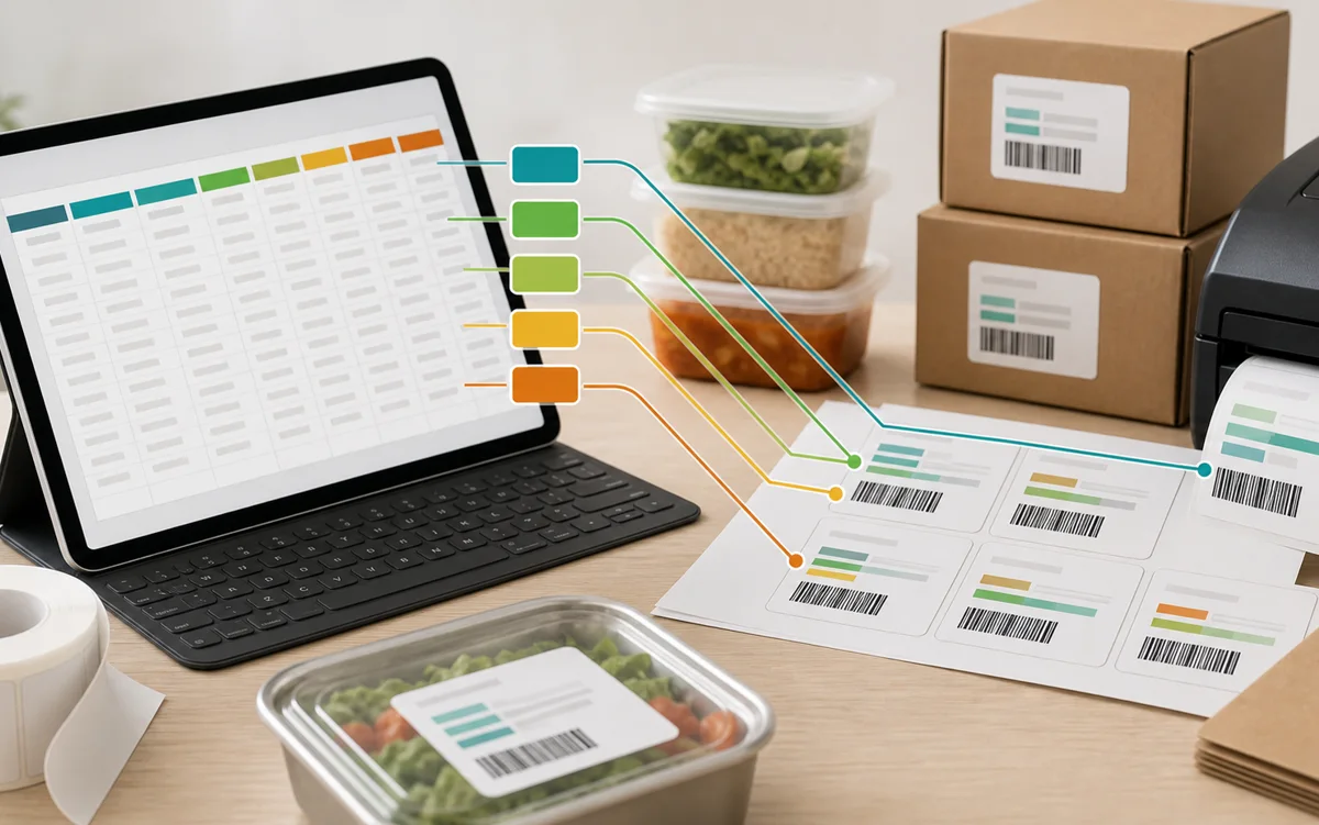 Spreadsheet fields mapped into food batch barcode labels