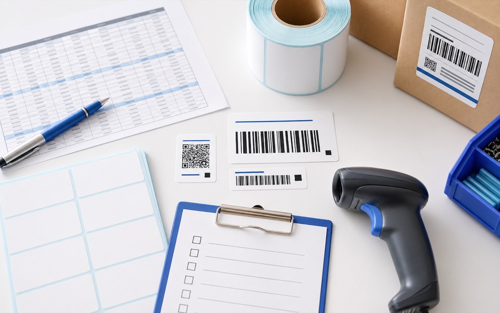 Barcode label setup with spreadsheet, blank labels, printed codes, and scanner on a clean worktable