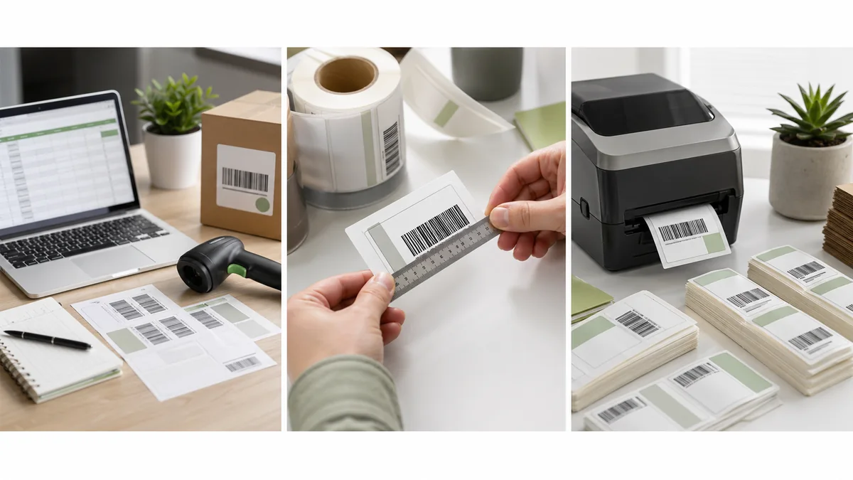 Barcode label setup workflow with spreadsheet, scanner, and printer