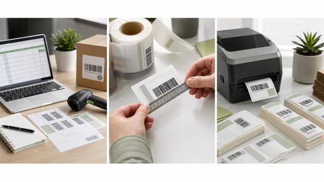 Barcode label setup workflow with spreadsheet, scanner, and printer thumbnail