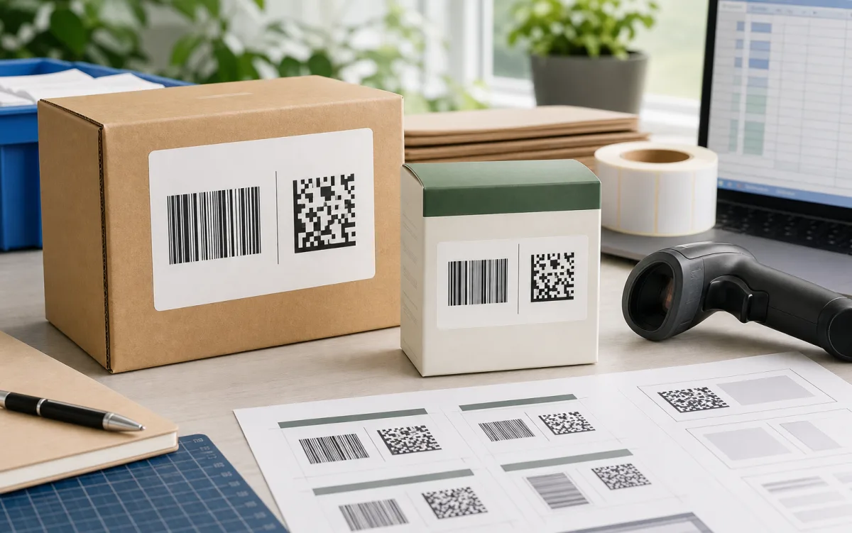 Product label planning desk with GS1 1D and 2D barcode proofs