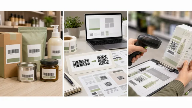 Product label planning board with linear barcode, QR-style 2D code, and scanner proof thumbnail