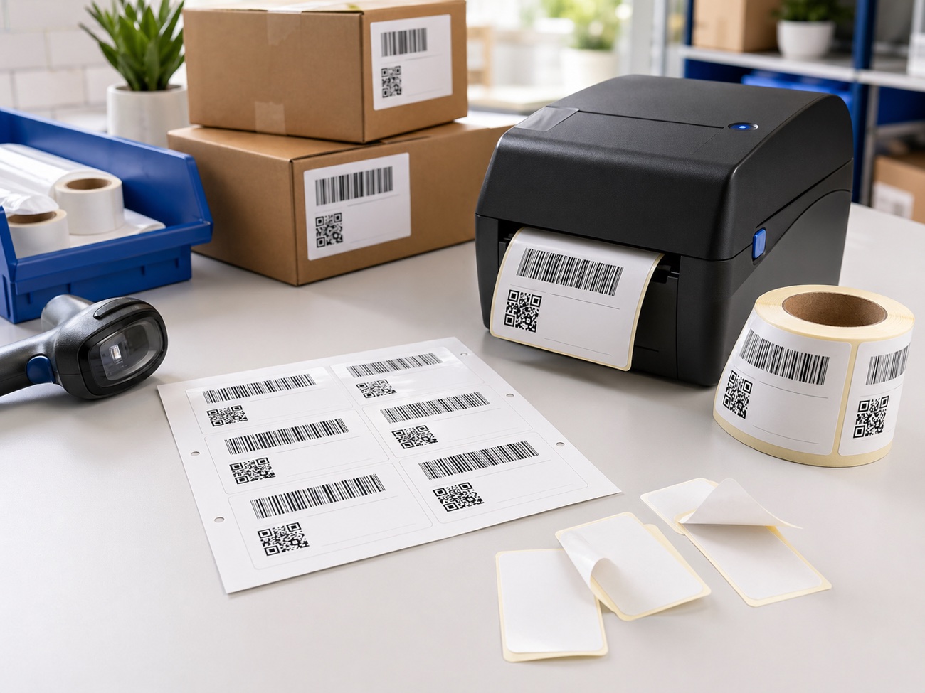 Thermal label printer with printed barcode and QR labels on a clean packing station