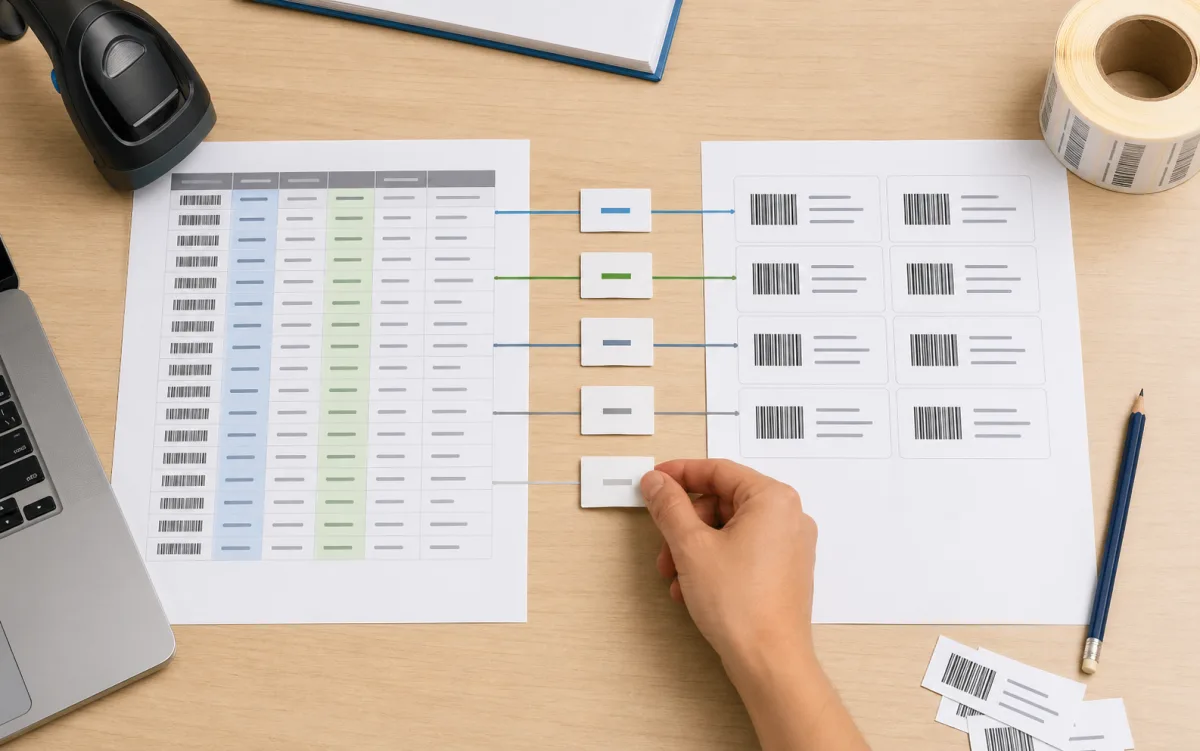 Overhead view of a spreadsheet printout mapped into barcode label previews with connector cards