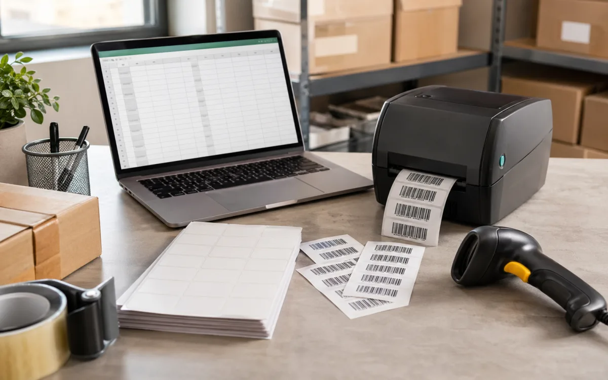 Laptop spreadsheet, blank label sheets, printed barcode labels, thermal printer, and scanner on a stockroom desk