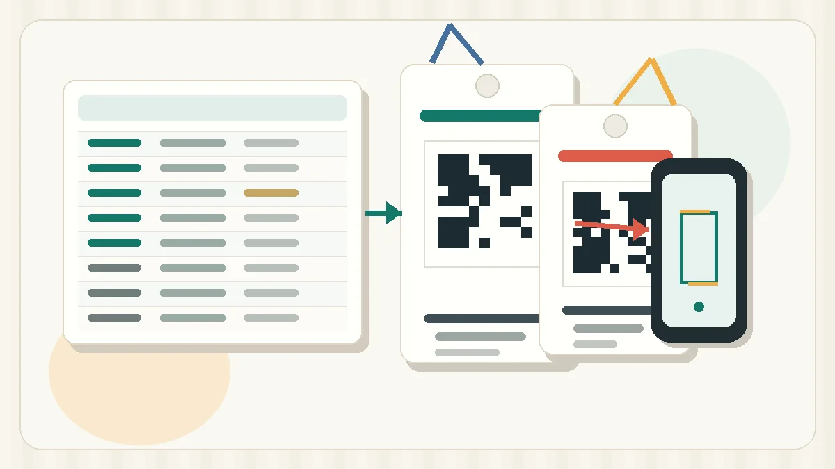 Flux de badges événement avec lignes de tableur, étiquettes QR et scanner de check-in