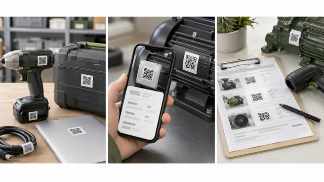 QR asset label workflow with phone scan, tools, and maintenance records thumbnail