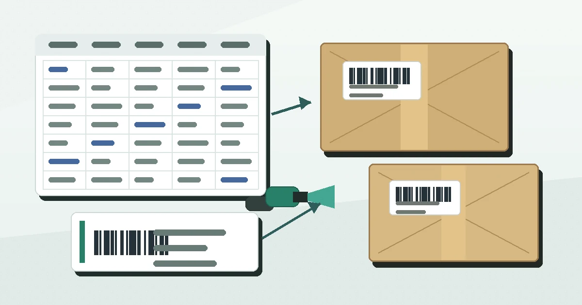 Receiving station with purchase order spreadsheet, carton labels, barcode scanner, and shelf labels