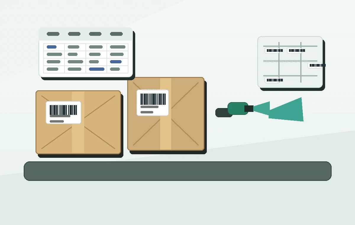 Test receiving barcode labels with scanner, cartons, and shelf destination