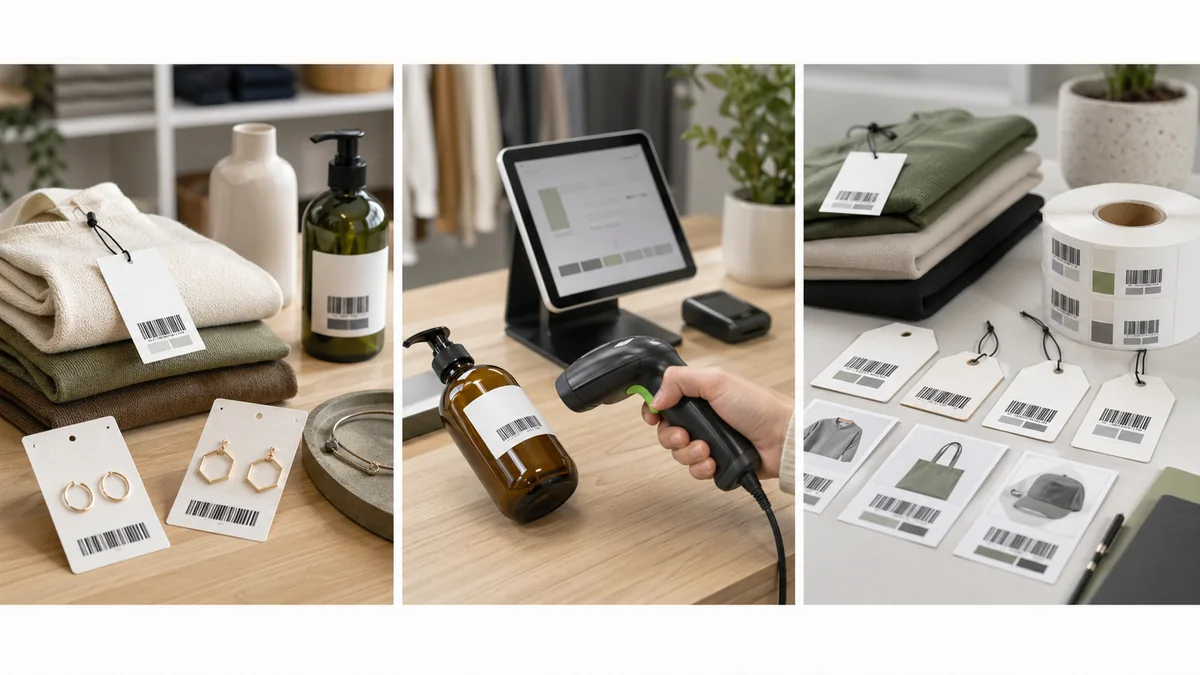 Retail label workflow with product tags, POS scanner, and variant label preparation