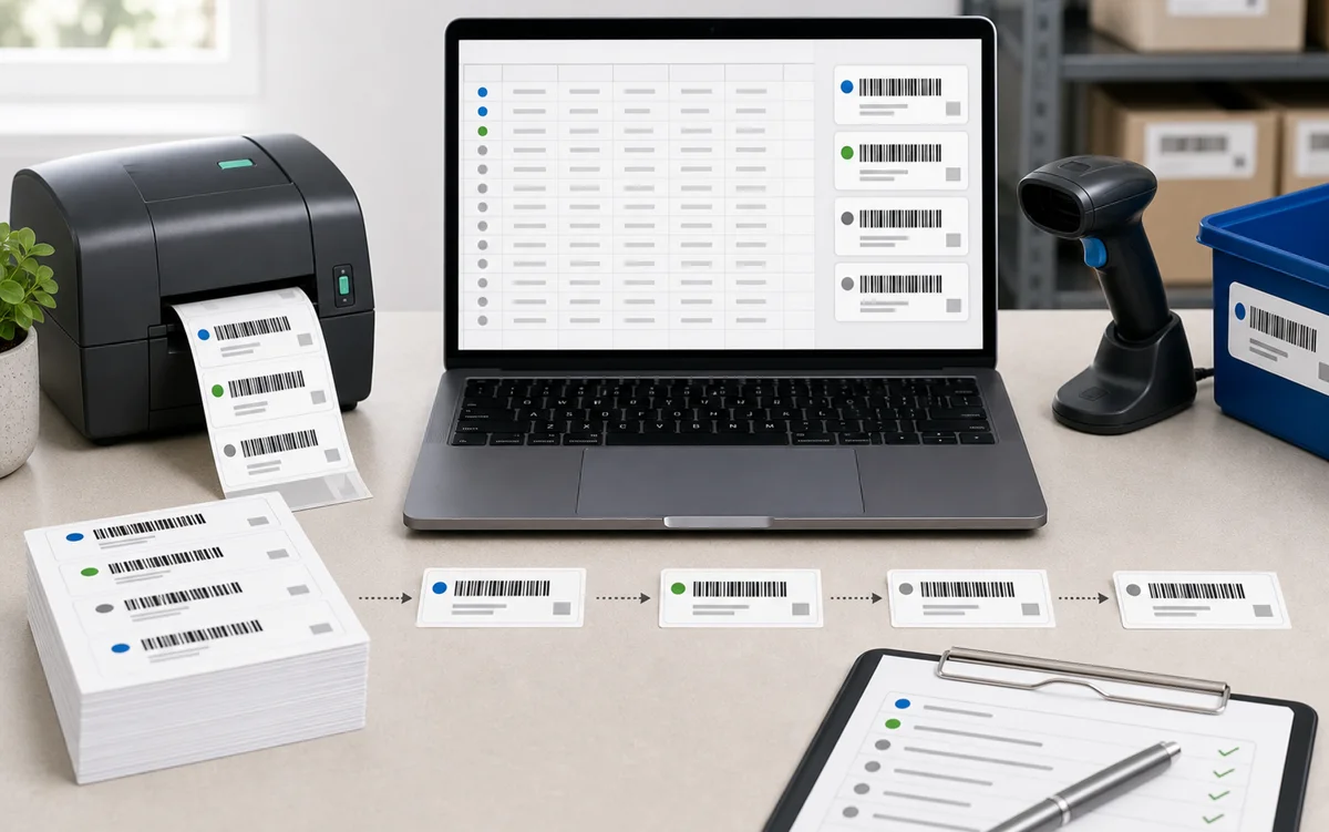 Serial number barcode labels planned from spreadsheet data at a print station