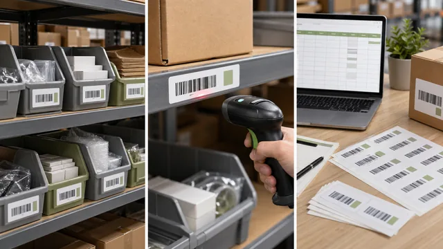 Warehouse bin label system with shelf labels, scanner, and location spreadsheet thumbnail